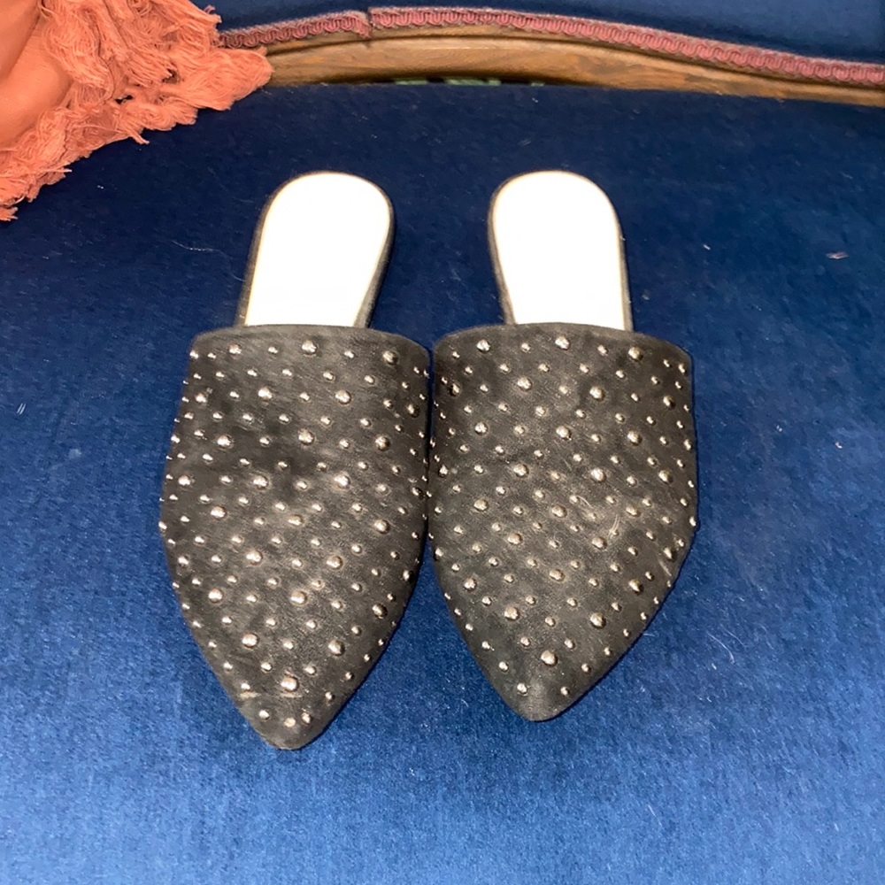 Size 8 black suede slip on flats with studs.